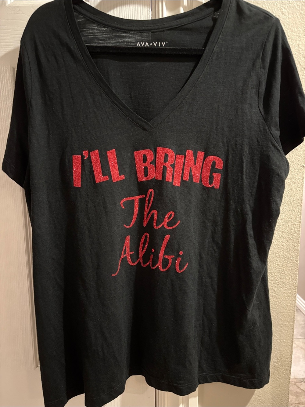 Ava & Viv Black V-Neck Tee with Red Glitter Script- Girls trip tee!